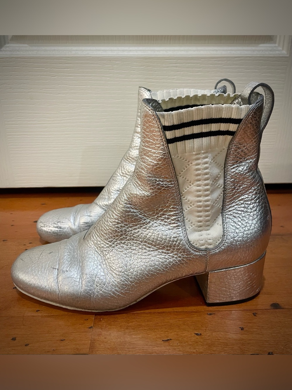 Fendi Silver Metallic Leather Ankle Booties with Striped Knit Panel